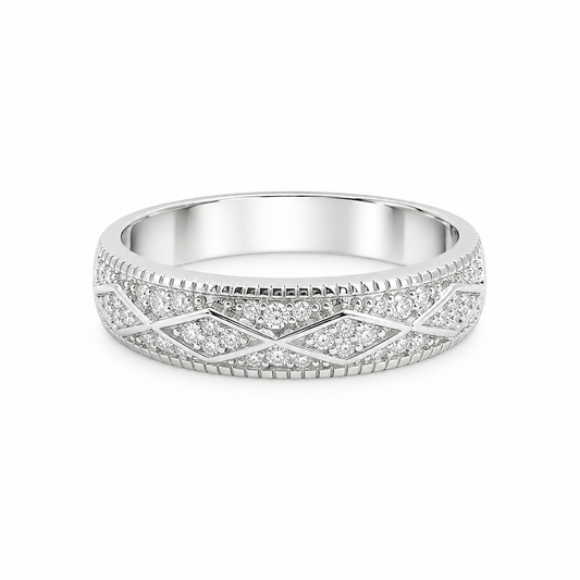 Sterling Silver Moissanite Pave Criss Cross Pattern Men's Band