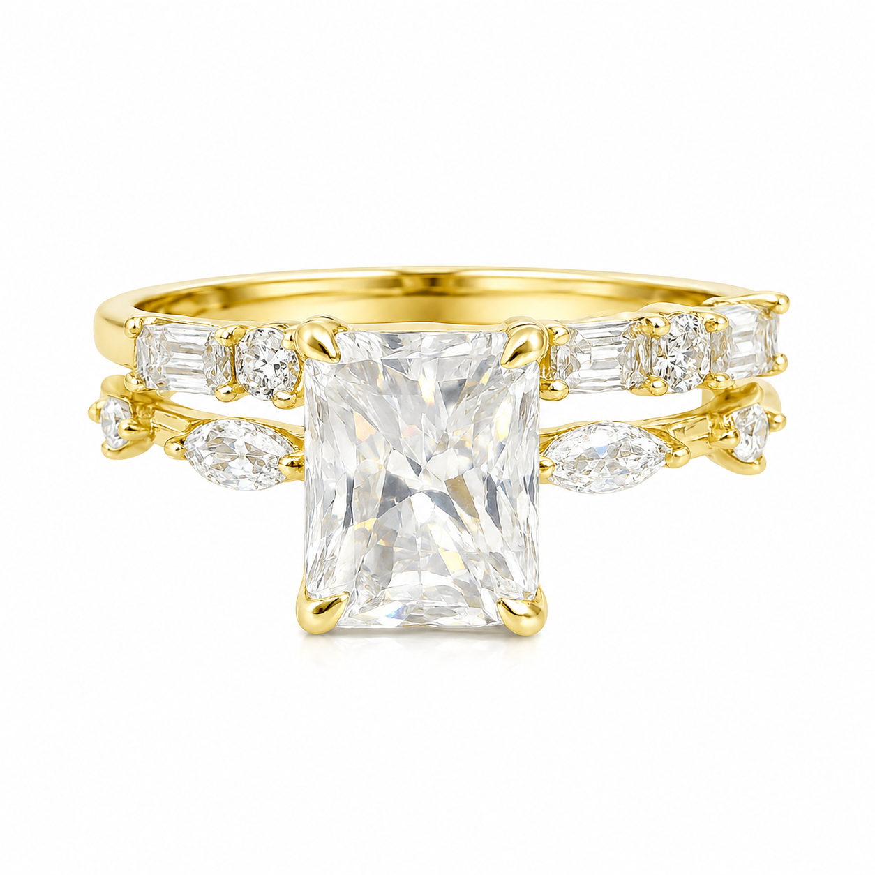 Sterling Silver Moissanite 2.0ct Radiant Cut Marquise Band, Baguette & Round Band Wedding Set