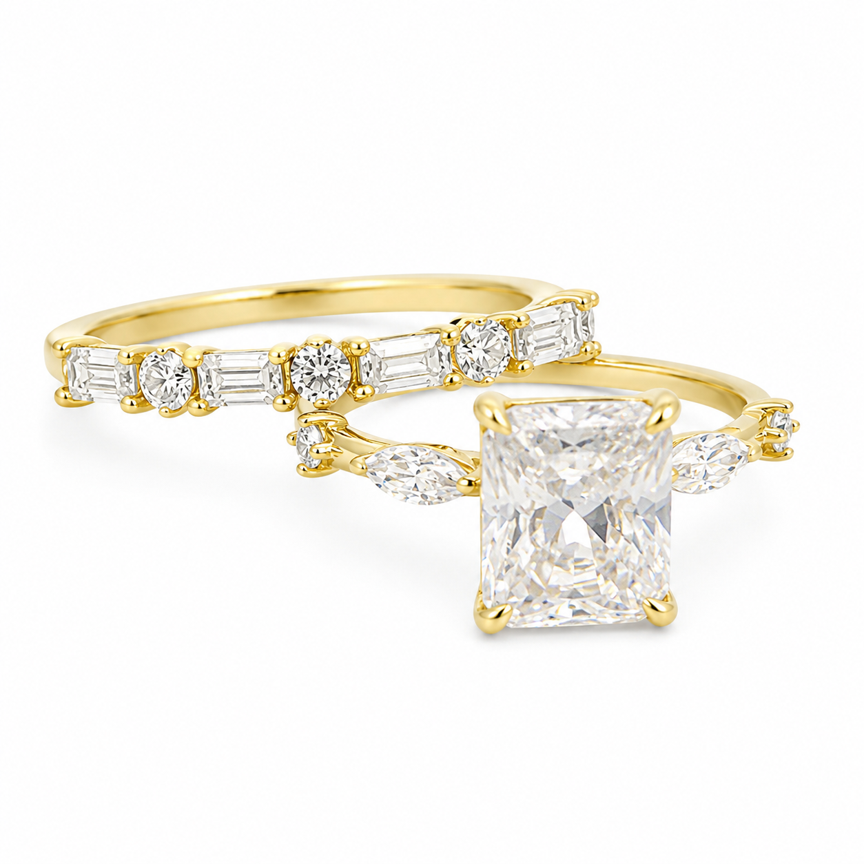 Sterling Silver Moissanite 2.0ct Radiant Cut Marquise Band, Baguette & Round Band Wedding Set