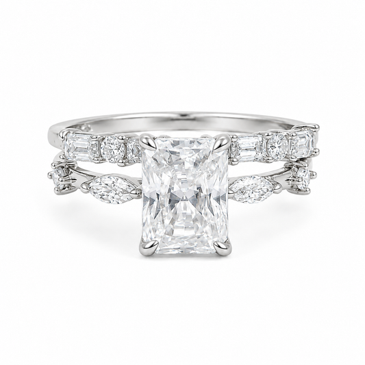 Sterling Silver Moissanite 2.0ct Radiant Cut Marquise Band, Baguette & Round Band Wedding Set
