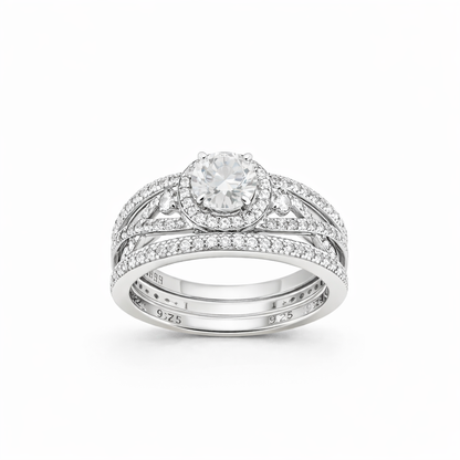 Sterling Silver 0.8ct Round Brilliant Moissanite Halo Infinity Band 3 Ring Stackable Set