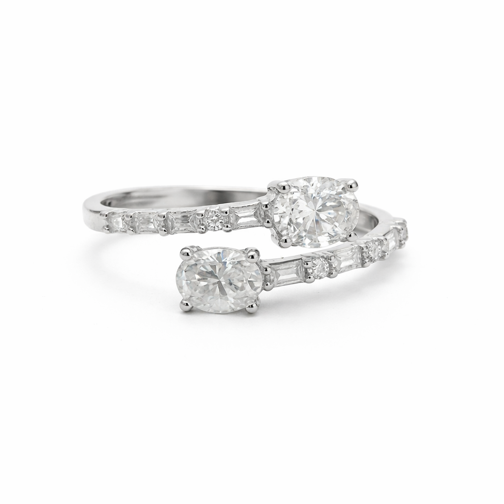 Sterling Silver 1.54 CTW Moissanite Oval Baguette Bypass Ring