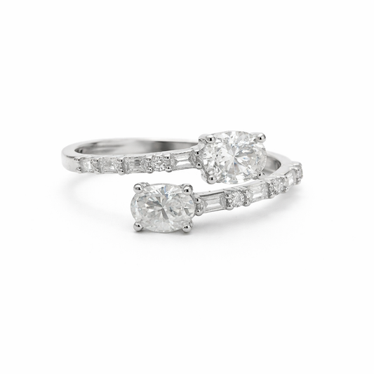 Sterling Silver 1.54 CTW Moissanite Oval Baguette Bypass Ring