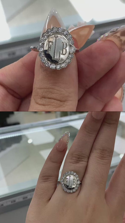 Sterling Silver Oval Large CZ Border Engravable Ring