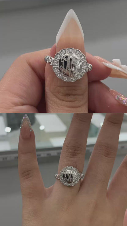 Sterling Silver Engravable Rachel Round Flower CZ Ring