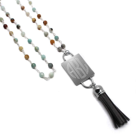 Fashion Engravable Tassel with Hematit and Amazonite Bead Necklace