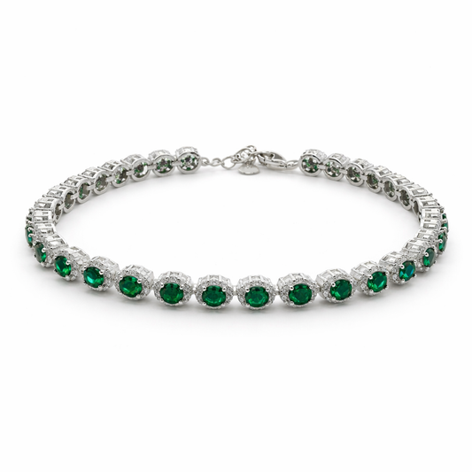 Sterling Silver Round Colored CZ W/ Halo Tennis Bracelet (7"+1.5")