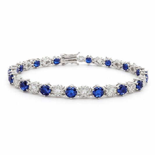 Sterling Silver Alternating Colored Round CZ/Clear Flower Tennis Bracelet (7")