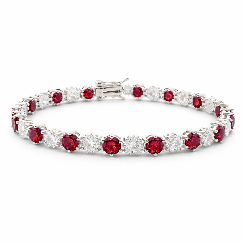 Sterling Silver Alternating Colored Round CZ/Clear Flower Tennis Bracelet (7")