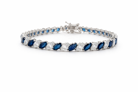 Sterling Silver Alternating Colored / Clear CZ Marquise Tennis Bracelet (7")
