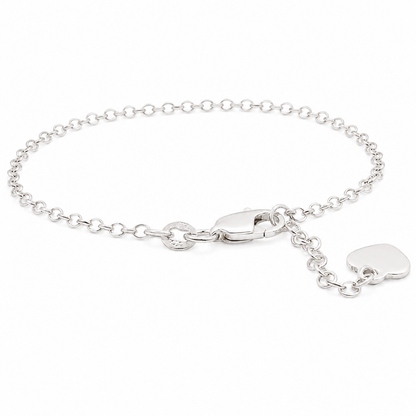 Sterling Silver Round Rolo Link W/ Heart Charm Bracelet