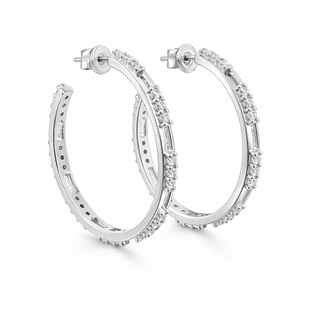 Sterling Silver CZ Open Post Hoop Earrings
