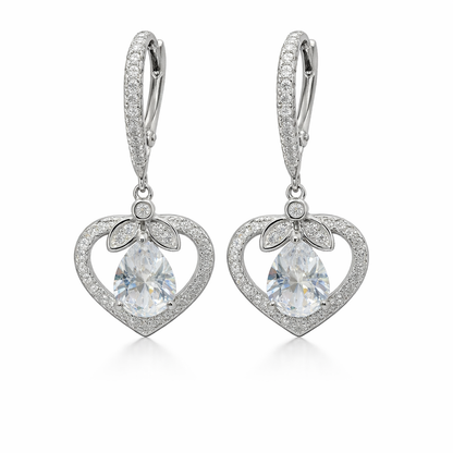 Sterling Silver Dangling CZ Heart W/ Teardrop Center Huggie Earrings