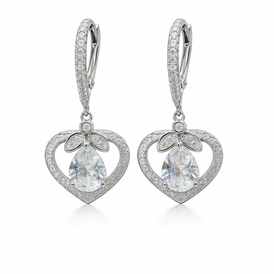 Sterling Silver Dangling CZ Heart W/ Teardrop Center Huggie Earrings