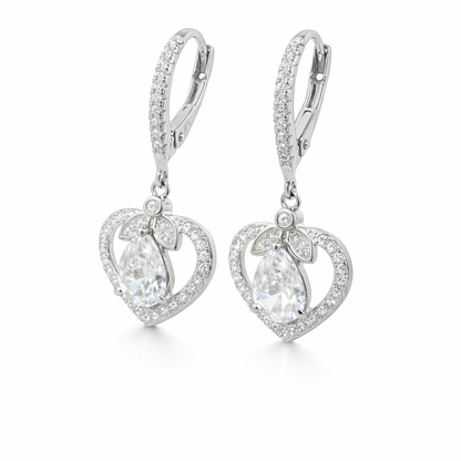 Sterling Silver Dangling CZ Heart W/ Teardrop Center Huggie Earrings