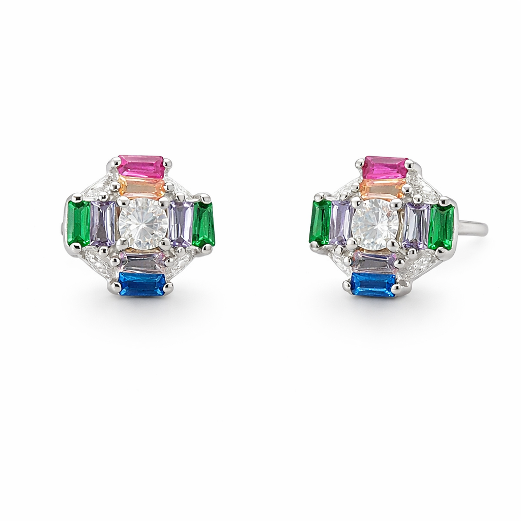 Sterling Silver Multicolor CZ Cluster Cross Stud Earrings