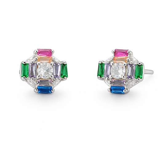 Sterling Silver Multicolor CZ Cluster Cross Stud Earrings