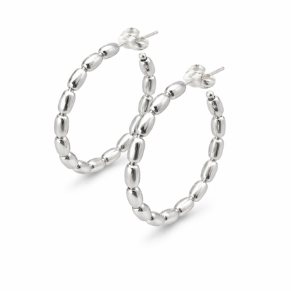 Sterling Silver 3mm x 30mm Rice Bead Post Hoop Earrings
