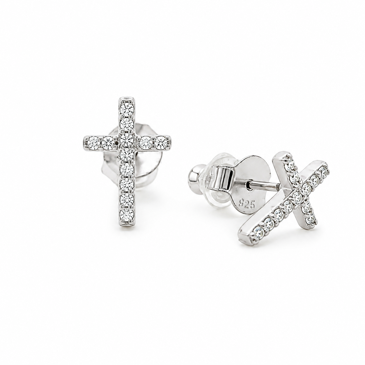 Sterling Silver Moissanite Pave Dainty Cross Stud Earrings