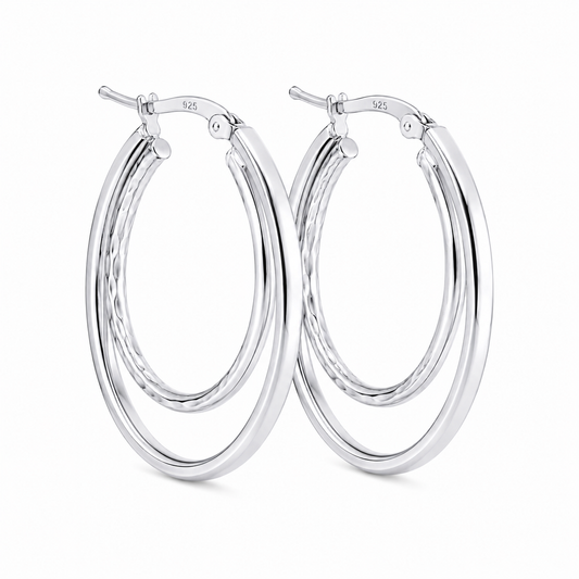 Sterling Silver Diamond Cut Matte Double Oval Hoop Earrings