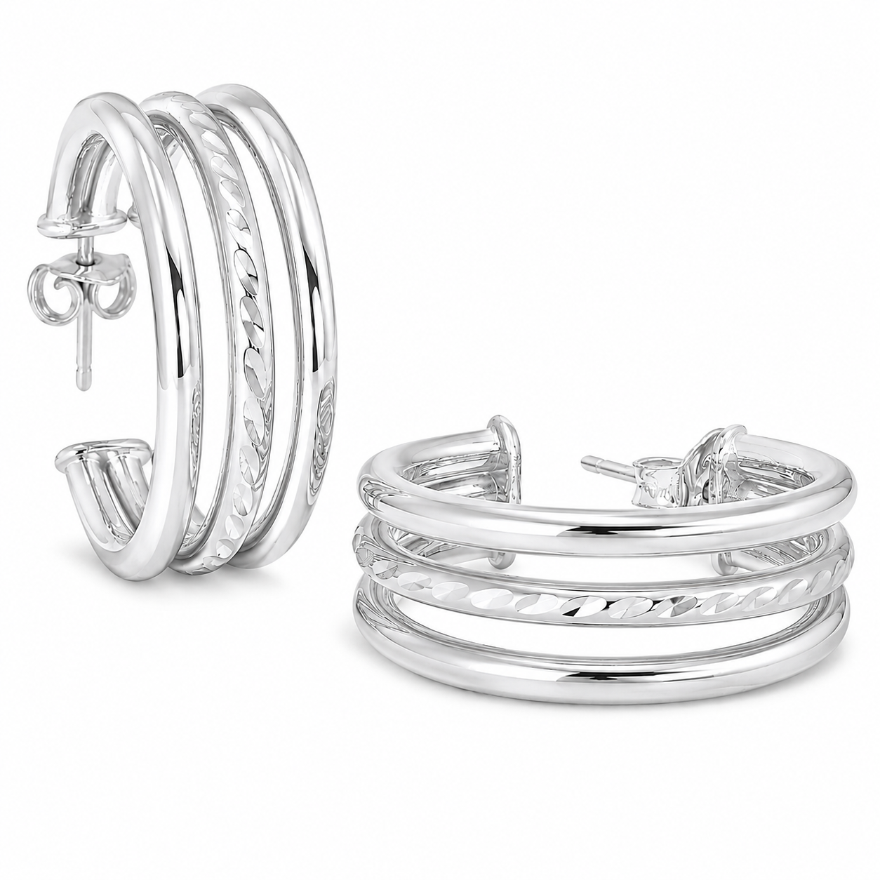 Sterling Silver 30mm Triple Row Hoop Earrings