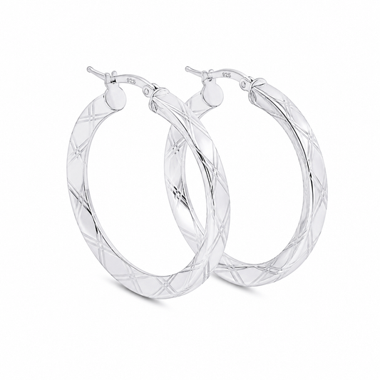 Sterling Silver 33mm Diamond Cut Hoop Earrings