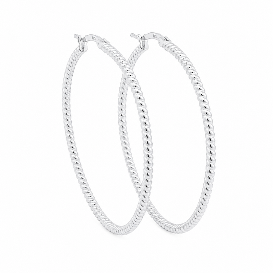 Sterling Silver 43mm Round Diamond Cut Twisted Hoop Earrings
