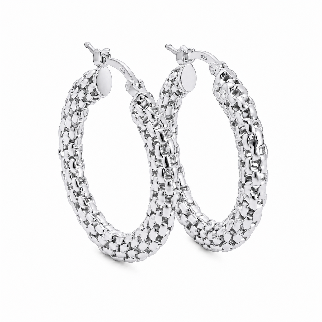 Sterling Silver 32mm Flat Mesh Hoop Earrings