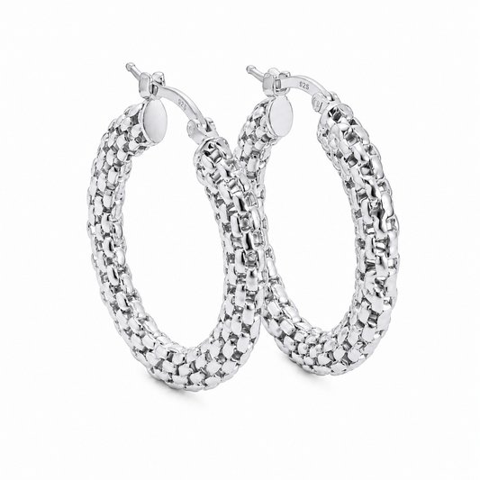 Sterling Silver 32mm Flat Mesh Hoop Earrings