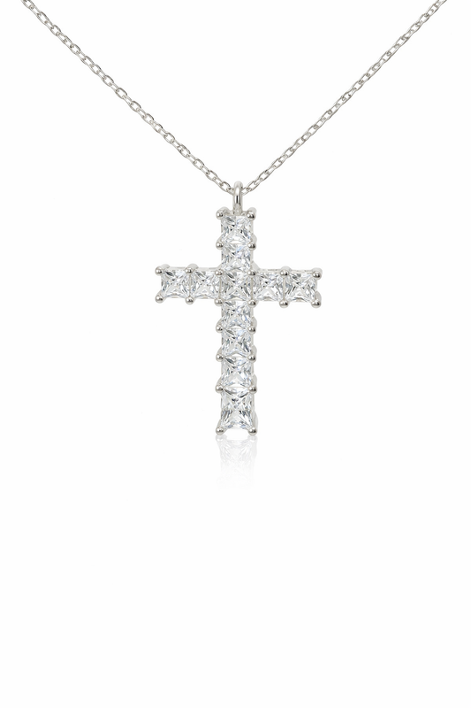 Sterling Silver Princess Cut Stone Cross Necklace