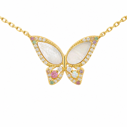 Sterling Silver Multi-Color CZ & Mother Of Pearl Butterfly Necklace