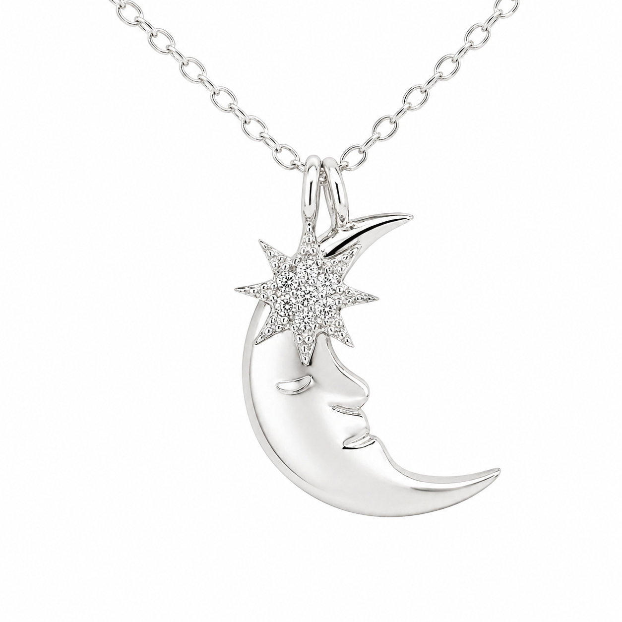 Sterling Silver Polished Smiley Face Crescent Moon CZ Star Necklace