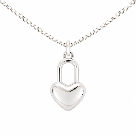 Sterling Silver Rhodium Polished Heart Lock Necklace