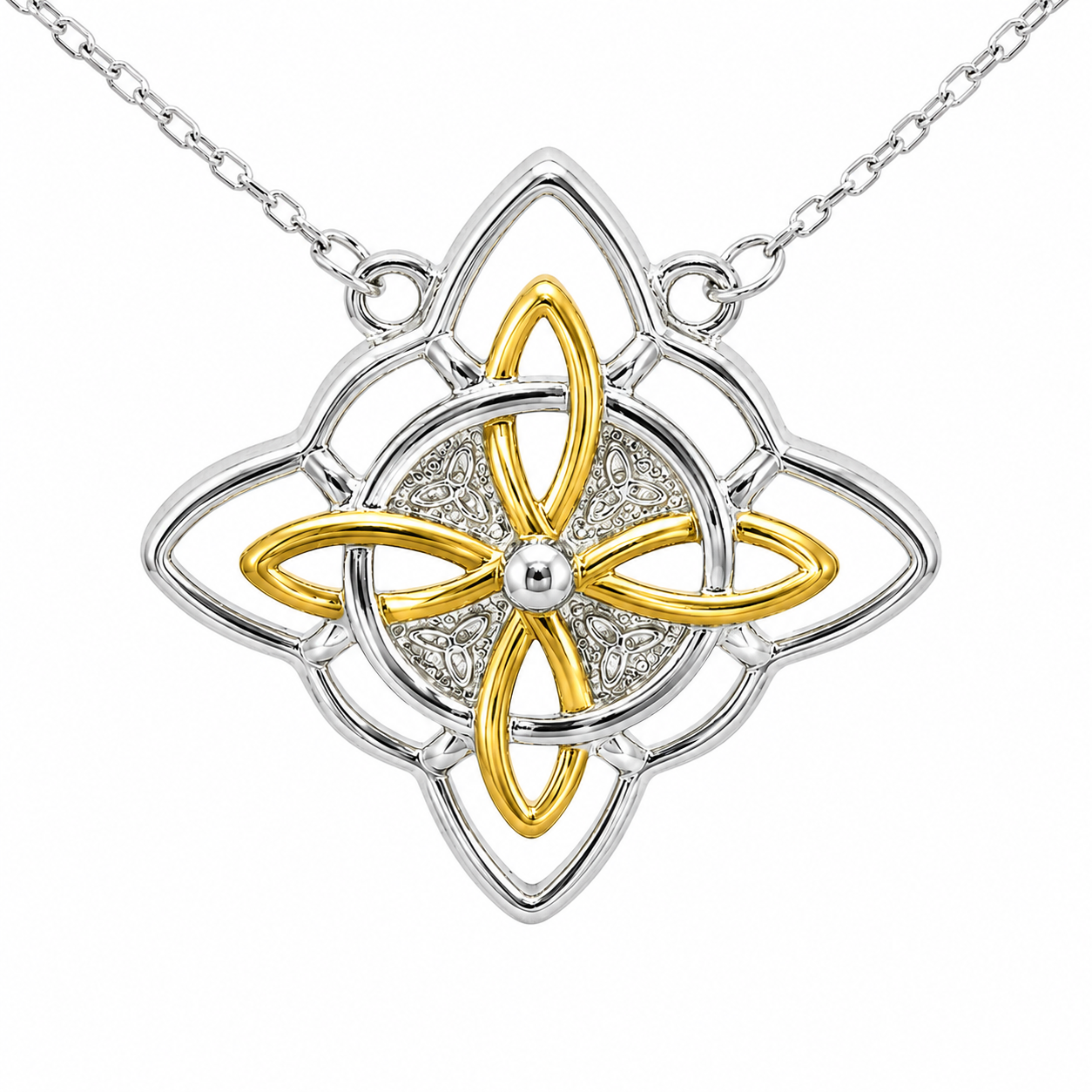 Sterling Silver Two Tone Quaternary Celtic Witch Knot Necklace