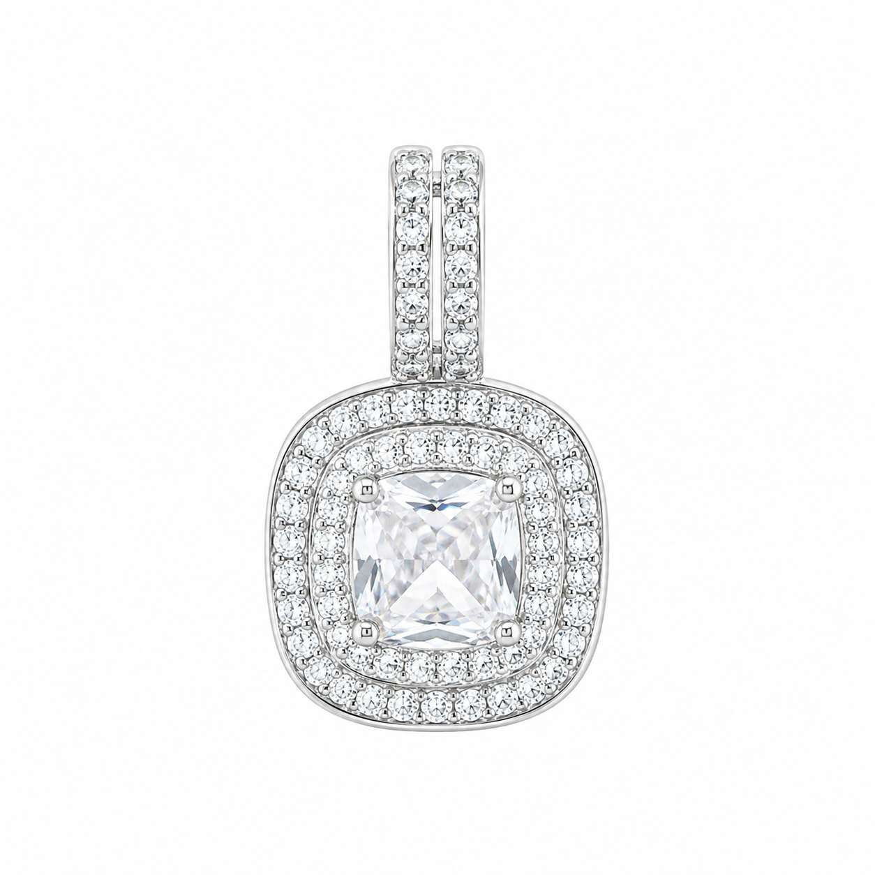 Sterling Silver CZ Cushion Cut Double Halo Pendant