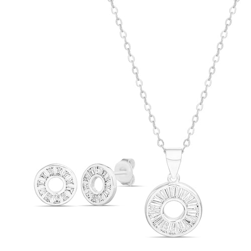 Sterling Silver Baguette CZ Circle Necklace/Earrings Set - Allyanna Gifts