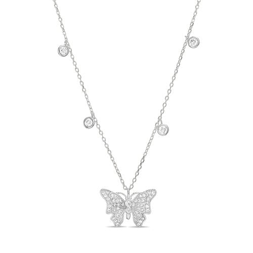 Sterling Silver Butterfly W/ Round Bezel CZ Station Necklace - Allyanna Gifts