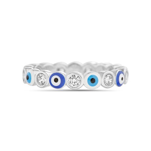 Sterling Silver CZ & Blue/White Enamel Evil Eye Ring - Allyanna Gifts