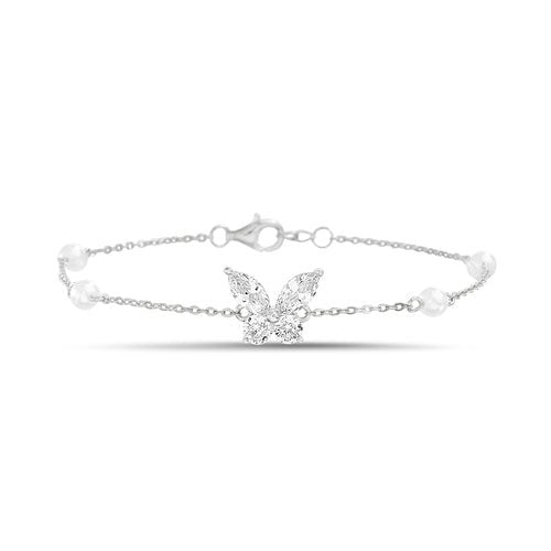 Sterling Silver Cz Butterfly Pearl Station Bracelet (7"+1") - Allyanna Gifts