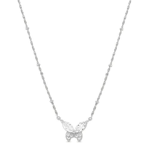 Sterling Silver CZ Butterfly Rhodium Stationary Beaded Curb Chain Necklace - Allyanna Gifts