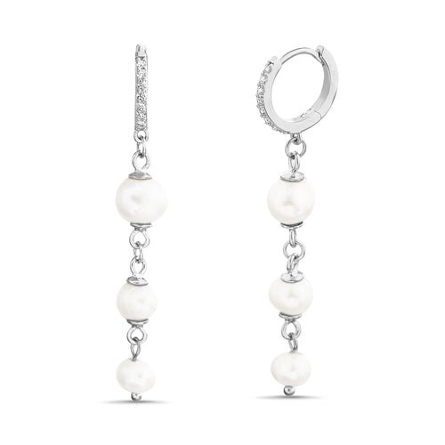 Sterling Silver CZ Dangling Pearl Huggie Earrings - Allyanna Gifts