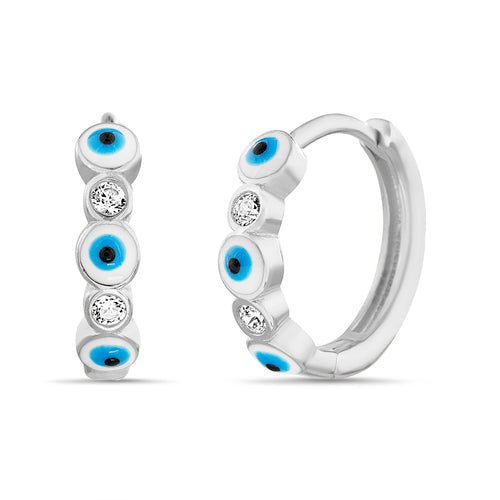 Sterling Silver CZ & Enamel Evil Eye Huggie Earrings - Allyanna Gifts