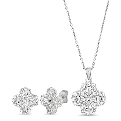 Sterling Silver CZ Flower Necklace/Earrings Set - Allyanna Gifts