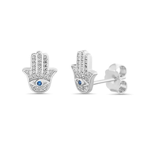 Sterling Silver CZ Hamsa Hand Evil Eye Studs - Allyanna Gifts
