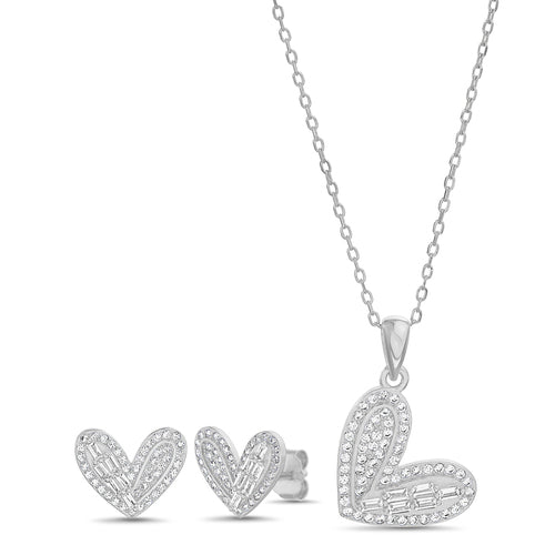 Sterling Silver CZ Heart Necklace/Earrings Set - Allyanna Gifts