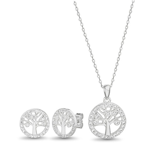 Sterling Silver CZ Tree Of Life Necklace/Earrings Set - Allyanna Gifts