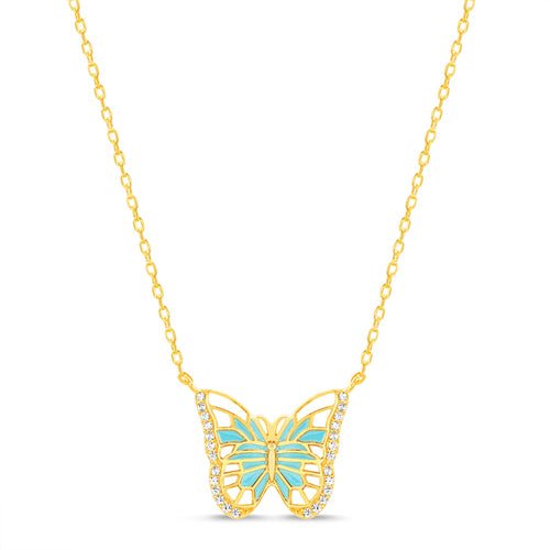 Sterling Silver Gold Plated White/Turquoise Enamel & CZ Butterfly Necklace - Allyanna Gifts