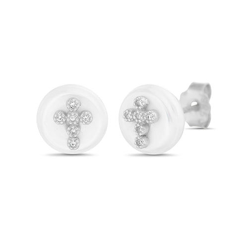 Sterling Silver Pearl With CZ Cross Earrings - Allyanna Gifts