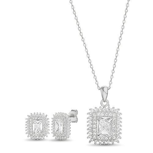 Sterling Silver Rectangle CZ Halo Necklace/Earrings Set - Allyanna Gifts