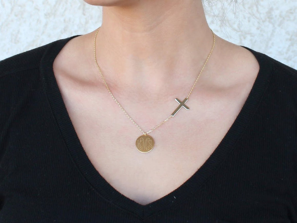 Sterling Silver Sideway Cross Necklace With Engraved Disc - Allyanna GiftsMONOGRAM + ENGRAVING
